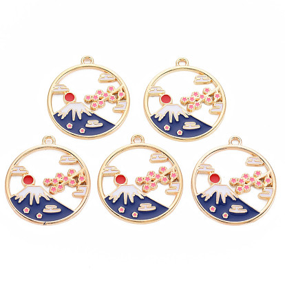 Alloy Enamel Pendants, Cadmium Free & Nickel Free & Lead Free, Light Gold, Ring with Mount Fuji