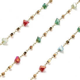 Colorful Faceted Triangle Glass & Cube Beaded Link Chains, with 304 Stainless Steel Cable Chains, Soldered, with Spool