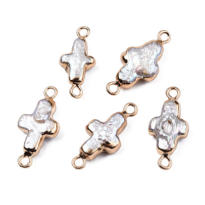 Electroplate Electroplate Natural Baroque Pearl Keshi Pearl Connector Charms, Cultured Freshwater Pearl, with Iron Findings, Cross