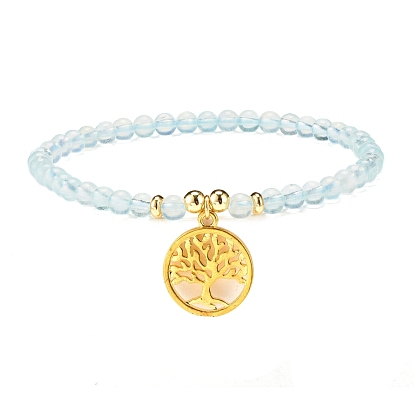 Ensemble de bracelets extensibles en pierre, bracelets perles rondes lapis lazuli naturel & aigue marine & pyrite, bracelets à breloques en laiton plat rond avec arbre de vie pour femme, or
