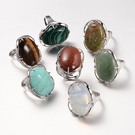 Adjustable Oval Brass Gemstone Wide Band Rings, 17mm, Tray: 28x22mm