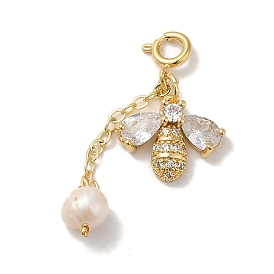 Bee Brass Micro Pave Cubic Zirconia & Glass Pendant Decorations, Natural Pearl Ornament with Brass Spring Ring Clasps