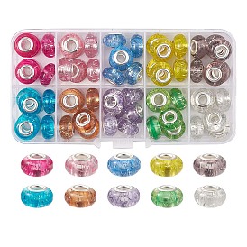 60Pcs 10 Colors Rondelle Resin European Beads, Large Hole Beads, with Glitter Powder and Platinum Tone Brass Double Cores
