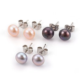 Boucles d'oreilles en perles naturelles, avec 304 accessoires en acier inoxydable, ronde