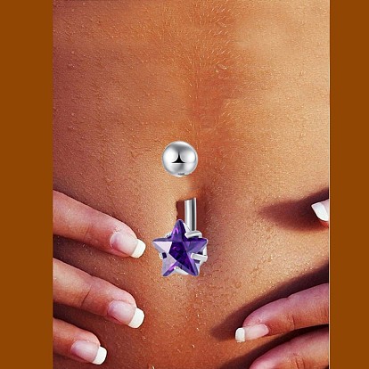 Piercing Jewelry, Brass Cubic Zirciona Navel Ring, Belly Rings, with 304 Stainless Steel Bar, Lead Free & Cadmium Free, Star