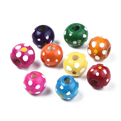 Spray Painted Natural Wood Beads, Round with Polka Dot