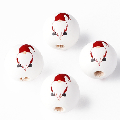 Painted Natural Wood Round Beads, Father Christmas