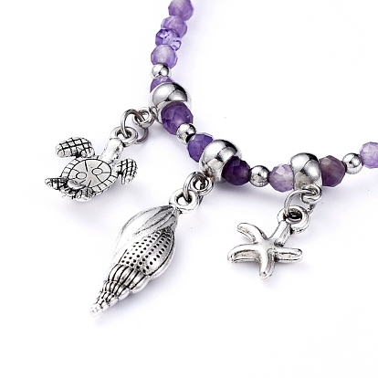Natural Gemstone Stretch Bracelets, with Alloy Pendants and Tube Bails, Spiral Shell & Sea Turtle & Starfish
