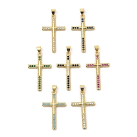 Brass Micro Pave Cubic Zirconia Pendants, Real 16K Gold Plated, Cross