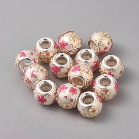 Perles européennes en verre imprimé opaque, Perles avec un grand trou   , avec noyau en laiton plaqué couleur argent, rondelle avec motif de fleurs