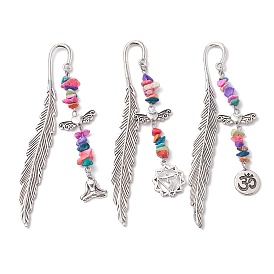 Tibetan Style Alloy Feather Bookmark, with Synthetic Turquoise Beads and Yoga Charm