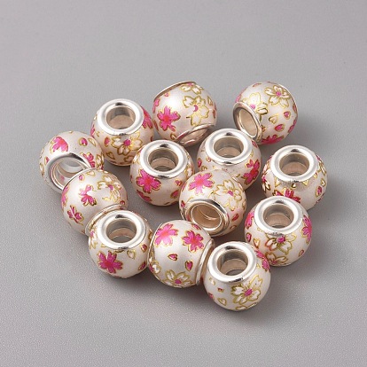 Opaque Printed Glass European Beads, Large Hole Beads, with Brass Silver Color Plated Core, Rondelle with Flower Pattern