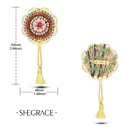 SHEGRACE Japanese Seed Beads Brooches, with Brass Findings and Tassels, Fan