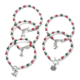 Colorful Glass Pearl Round Beaded Stretch Bracelet, with Christmas Theme Tibetan Style Alloy Charms