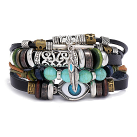 Cowhide Leather Multi-strand Bracelets, Wood Beaded Adjustable Bracelet with Alloy Feather Charms