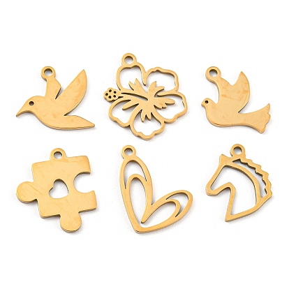 Golden Plated 304 Stainless Steel Pendants, Laser Cut, Hummingbird/Flower/Pigeon/Puzzel/Heart/Unicorn Charms