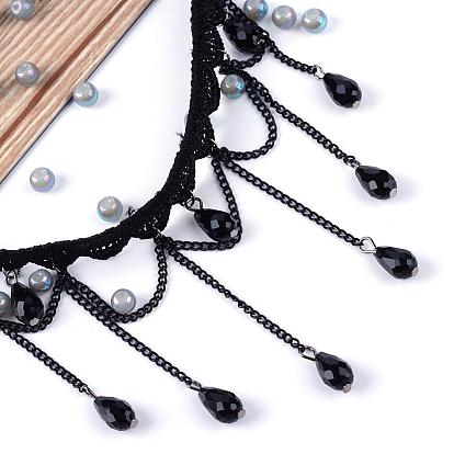 Gothic Style Vintage Lace Choker Necklaces, with Iron Chains, Glass Beads, 12.9 inch