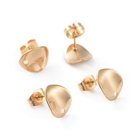 304 Stainless Steel Stud Earring Findings, with Ear Nuts/Earring Backs, Long-Lasting Plated, Wave Flat Round