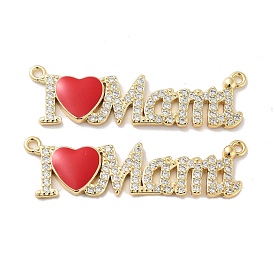Mother's Day Brass Micro Pave Clear Cubic Zirconia Pendants, with Enamel, Real 18K Gold Plated, Word I love Mama Charms