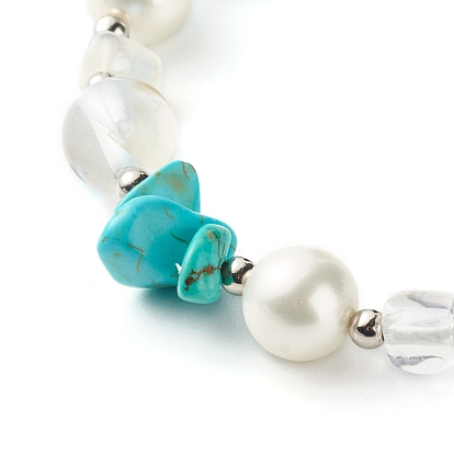 Mixed Gemstone Chip Beaded Bracelet for Girl Women, Round Shell Pearl & Opalite Chip & Synthetic Moonstone Beads Bracelet