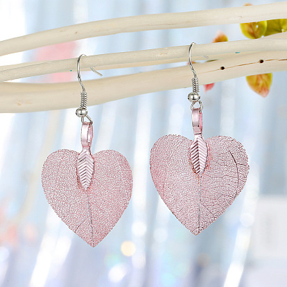 Pink Natural Electroplated Leaf Earrings with Computer Chip Heart Drop, Vintage Ear Hooks