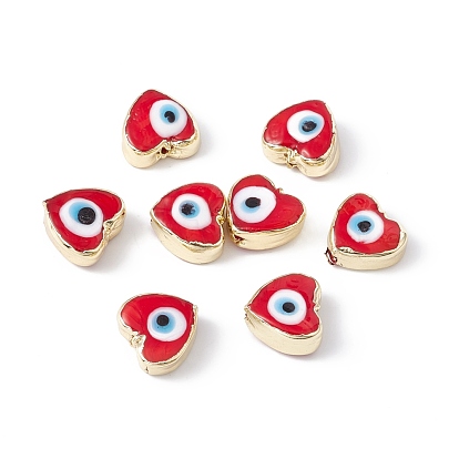 Handmade Evil Eye Lampwork Beads, with Brass Findings, Lead Free & Cadmium Free, Long-Lasting Plated, Heart