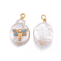 Natural Cultured Freshwater Pearl Pendants, with Brass Cubic Zirconia Findings, Nuggets with Bees, Golden