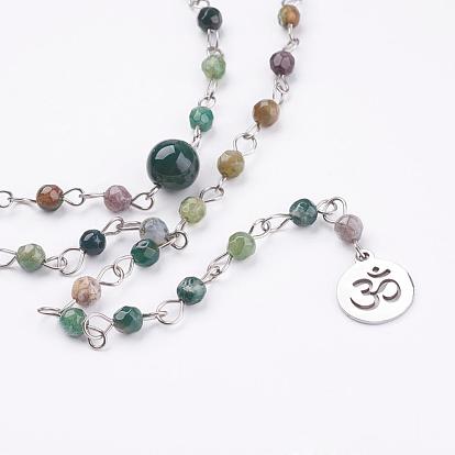 Natural Gemstone Lariat Necklaces, with Stainless Steel Findings and Yoga Charms, Packing Box