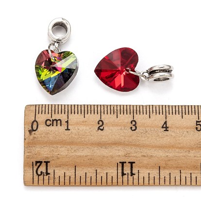 Breloques européennes en alliage à grand trou, avec pendentifs coeur en verre electroplated, argent antique, 25mm, Trou: 5mm