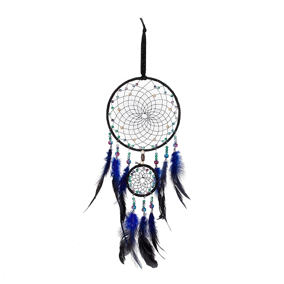 Toile/filet tissé en fer avec des décorations de pendentifs en plumes, avec des perles en plastique et en bois, recouvert de cuir et cordon de bande de velours, plat rond