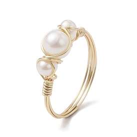 Copper Wire Wrapped Natural Cultured Freshwater Pearl Open Ring, Cuff Finger Ring for Women