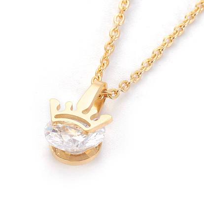 304 Stainless Steel Pendant Necklaces, with Cubic Zirconia, Crown