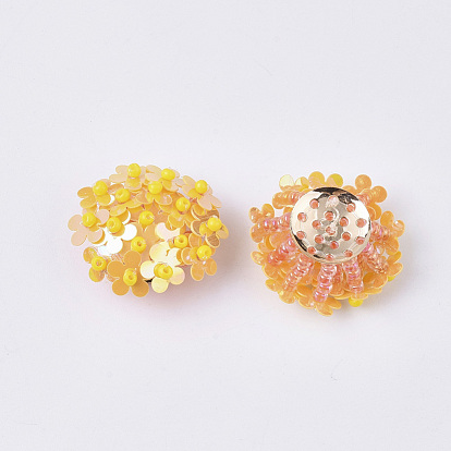 Cabujones de paillette de pvc, perlas de racimo, con cuentas de semillas de vidrio y ajustes de disco perforado de latón chapado en oro, flor