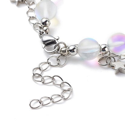 Synthetic Moonstone Round Beaded Multi-strand Bracelet, Brass Star Charms Double Layer Bracelet for Women