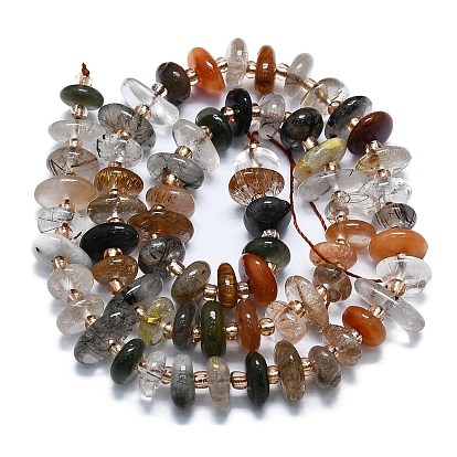 Natural Rutilated Quartz Beads Strands, with Seed Beads, Flat
