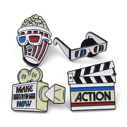 Independence Day Theme Popcorn/Glasses/Clapperboard Enamel Pins, Black Alloy Brooches for Backpack Clothes