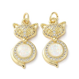 Brass Micro Pave Clear Cubic Zirconia Pendants, with Synthetic Opal and Jump Ring, Real 18K Gold Plated