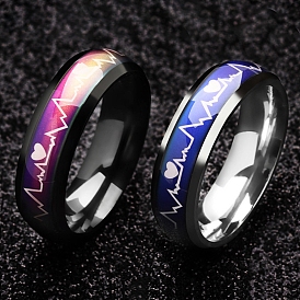 Heart Beat Mood Ring, Temperature Change Color Emotion Feeling Stainless Steel Plain Ring for Women