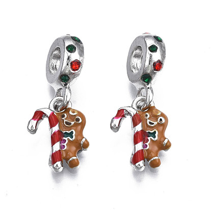 Rack Plating Alloy Enamel European Dangle Charms, with Emerald Rhinestone, Large Hole Pendants, Cadmium Free & Nickel Free & Lead Free, Platinum, Christmas, Gingerbread Man