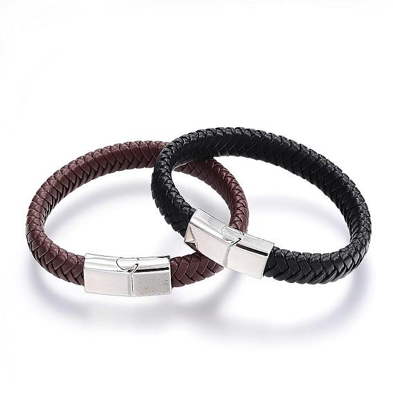 Bracelets cordon cuir tressé, avec fermoirs magnétiques en alliage, platine