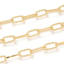 Brass Handmade Paperclip Chains, Drawn Elongated Cable Chains, with Spool, Long-Lasting Plated, Unwelded