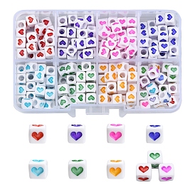 304pcs 8 couleurs perles acryliques opaques blanches, cube avec le coeur