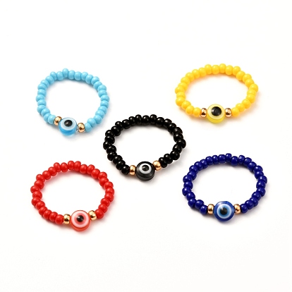 Flat Round with Evil Eye Resin Beads Finger Ring, with Glass Beads