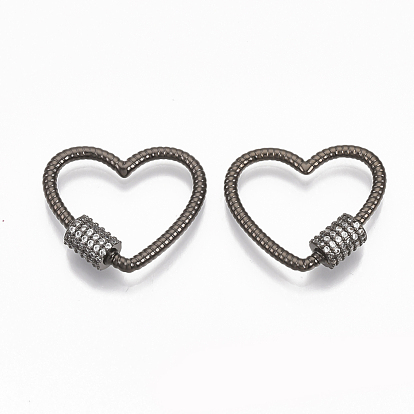 Brass Micro Pave Clear Cubic Zirconia Screw Carabiner Lock Charms, for Necklaces Making,  Heart
