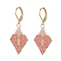 Glass Seed Braided Rhombus with Heart Dangle Leverback Earrings, 304 Stainless Steel Drop Earrings for Women