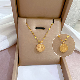 Gold Necklace with Double-sided Stove and Diamond-encrusted "福" Pendant - Elegant and Stylish