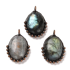Natural Labradorite Pendants, Oval Charms with Rack Plating Red Copper Tone Handmade Solder Tin, Cadmium Free & Lead Free