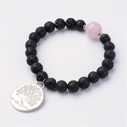 Bracelets de charme d'alliage, avec des perles de pierre de lave naturelle et d'autres perles de pierres précieuses