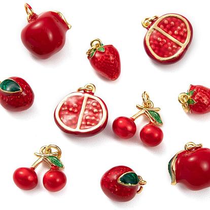 10 piezas 5 encantos de esmalte de latón con tema de fruta roja estilo, real 18 k chapado en oro, granada y manzana y fresa y litchi y cereza, larga duración plateado