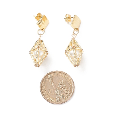 5 Pairs 5 Style Shell Pearl Beaded Dangle Stud Earrings, 304 Stainless Steel Geometry Long Drop Earrings for Women